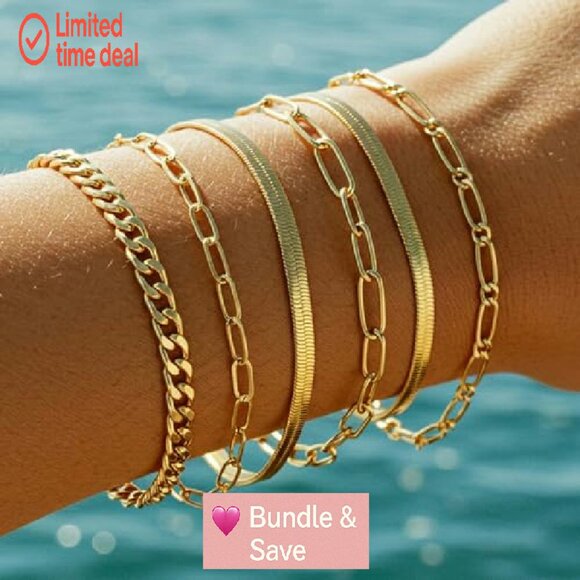 16-Piece Gold Bracelet Set, Stackable Cuban Link Chains, Hypoallergenic Alloy - Picture 5 of 8